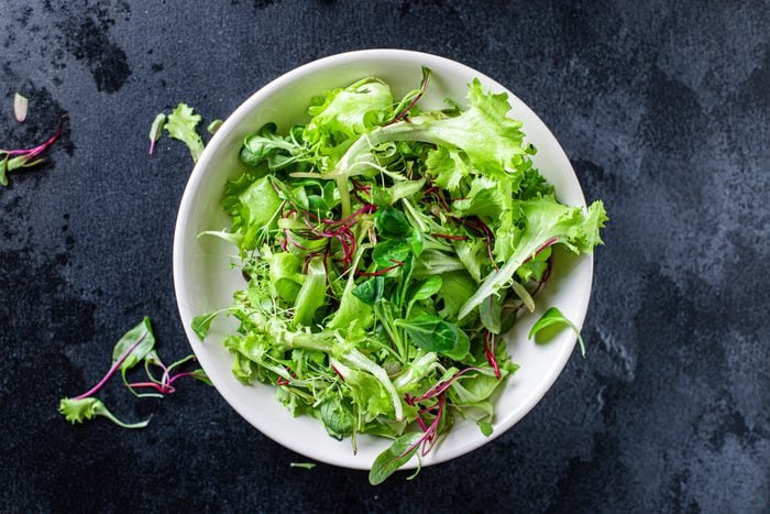 salad green lettuce mix juicy fresh microgreens snack ready to eat on the table for making healthy meal snack top view copy space for text food background rustic image keto or paleo diet